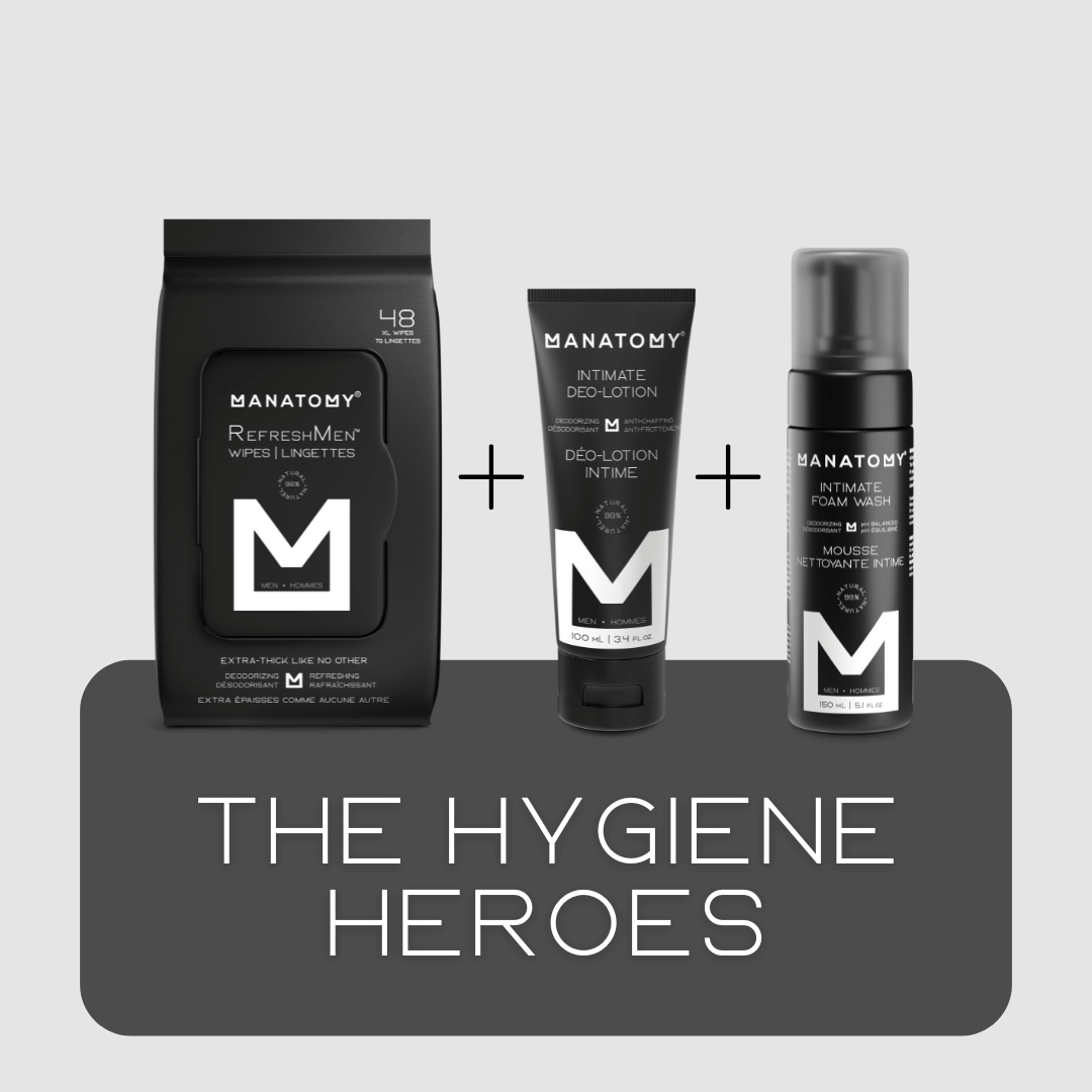 The Hygiene Heroes - essential personal care collection featuring intimate wipes, lotion, and foam wash.